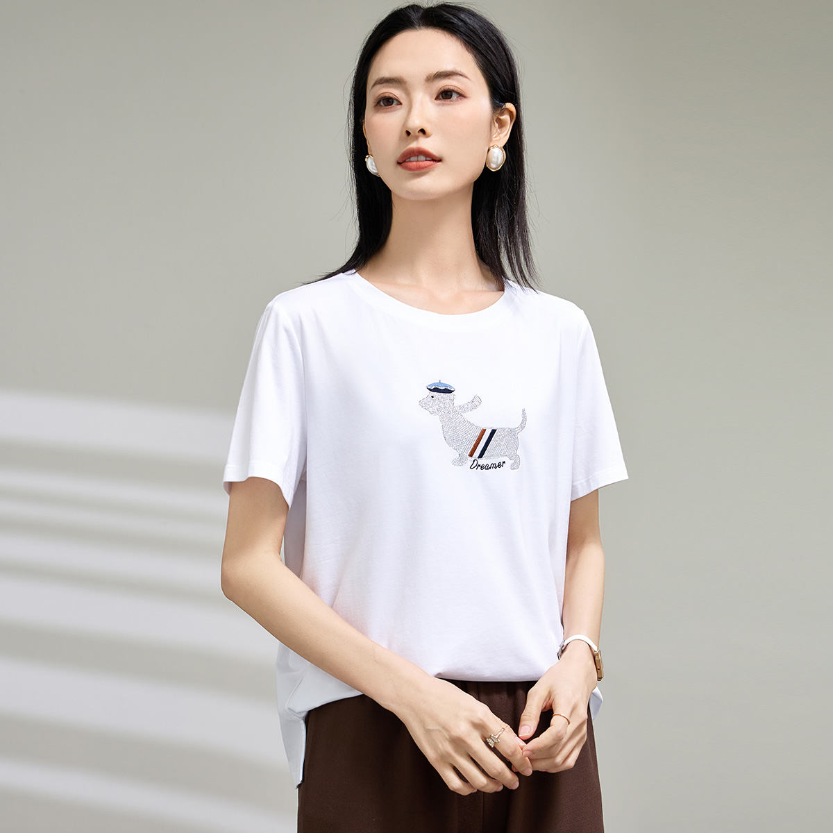 【夏季小狗刺绣T恤】2025新款宽松圆领短袖纯色经典百搭凉感上衣女