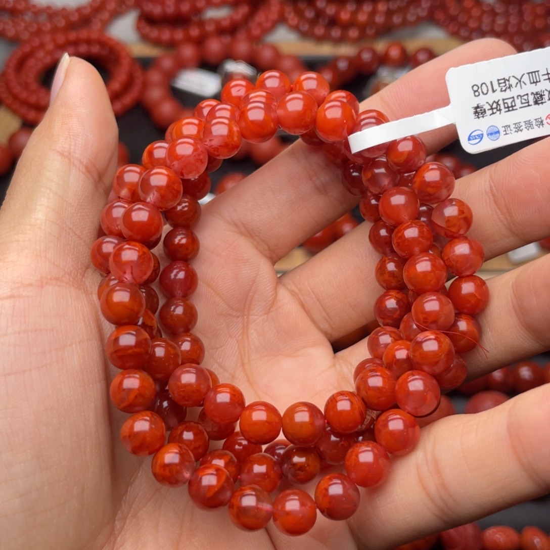南红玛瑙未镶嵌手串H7.5mm收藏妖孽牛血火焰108