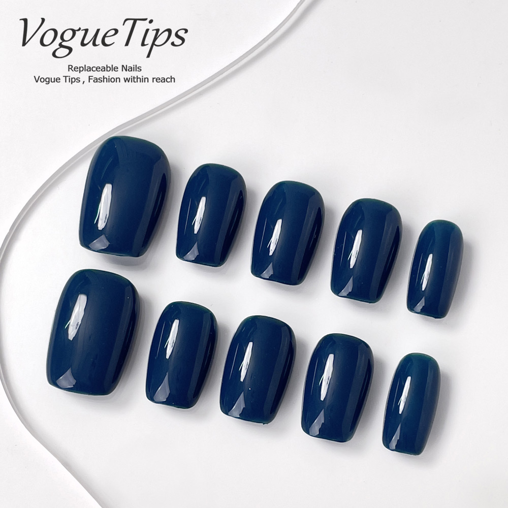 VogueTips 蓝釉短款穿戴甲藏蓝纯色纯手工成品美甲片短芭蕾ZB542