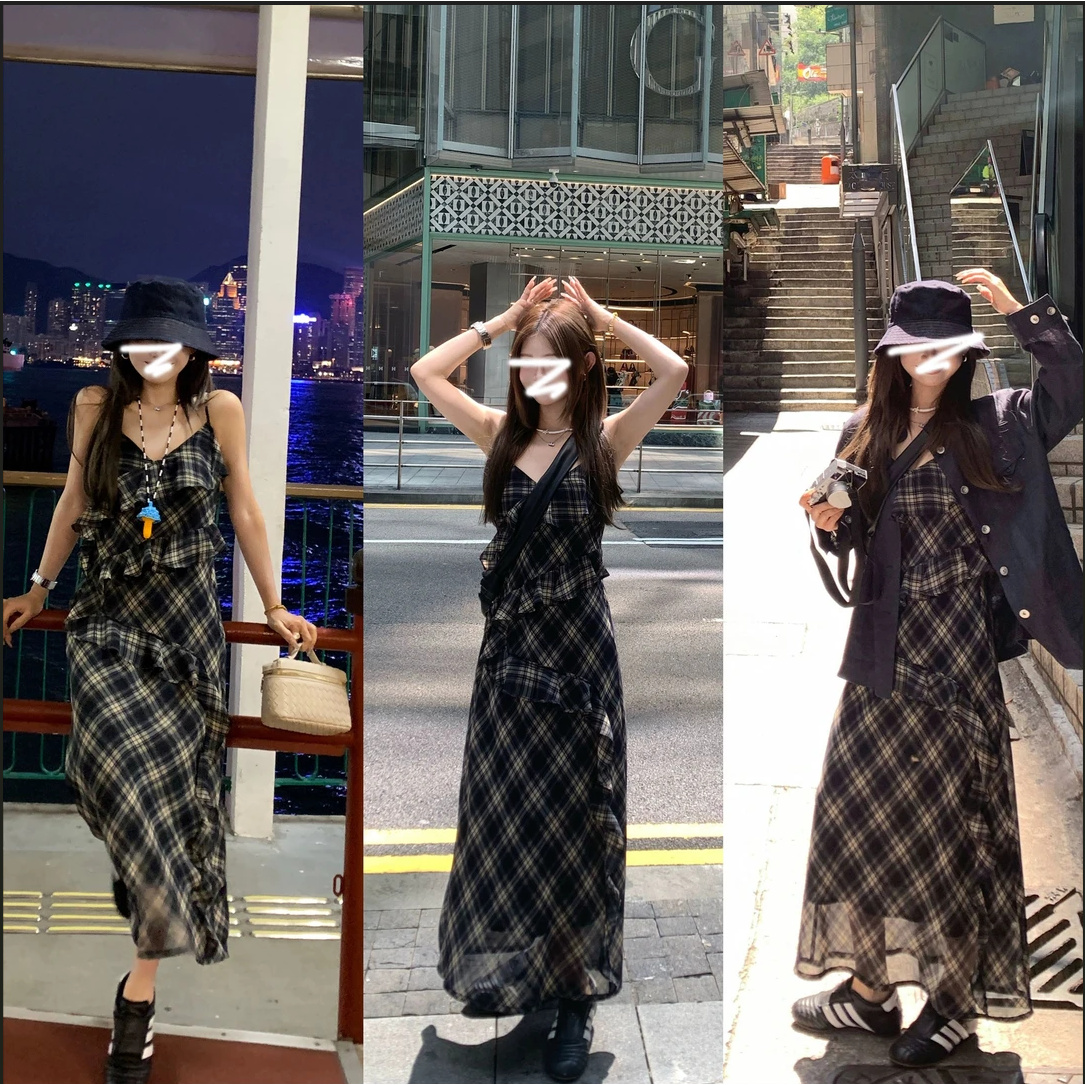 【城市流浪诗人】不规则荷叶边夏季飘逸感无袖A型格纹吊带连衣裙女