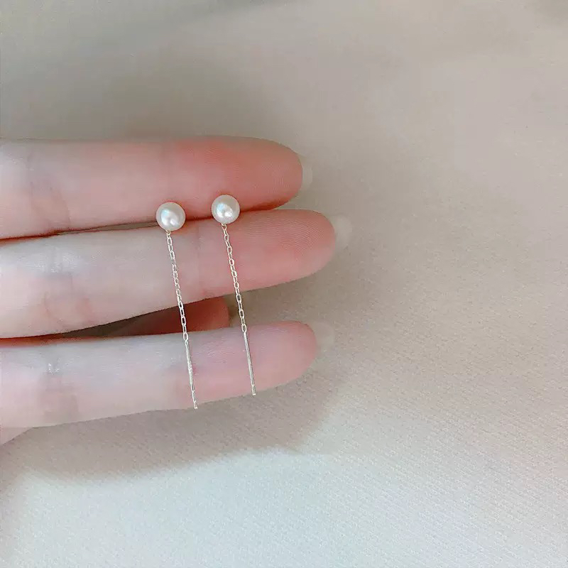 925银耳饰 小耳线女珍珠耳线潮简约气质长款流苏耳环耳饰品