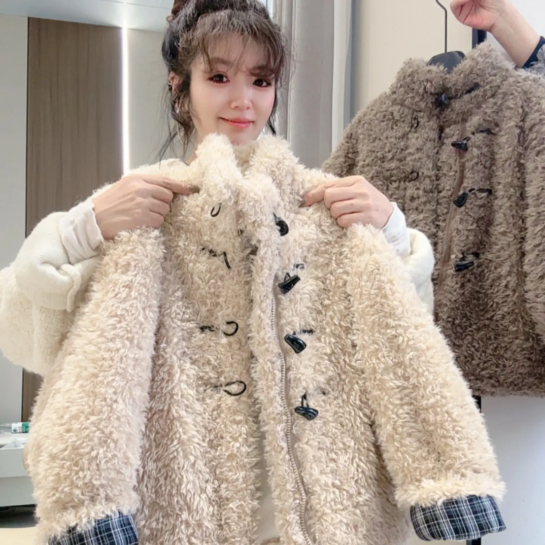 儿童拼接加厚棉服2025冬季新款韩版男女童格子毛毛外套加厚棉衣