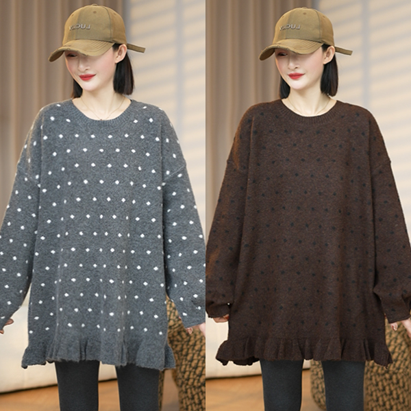 秋冬新款欧货韩系下摆花边圆领针织毛衣时尚宽松显瘦百搭遮肉上衣