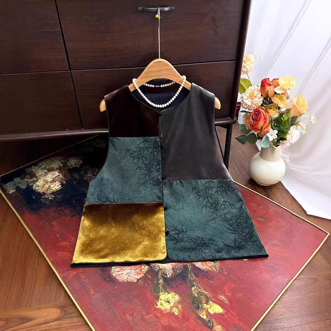 常规薄款马夹百搭开衫马甲民族风常规款拼接新中式