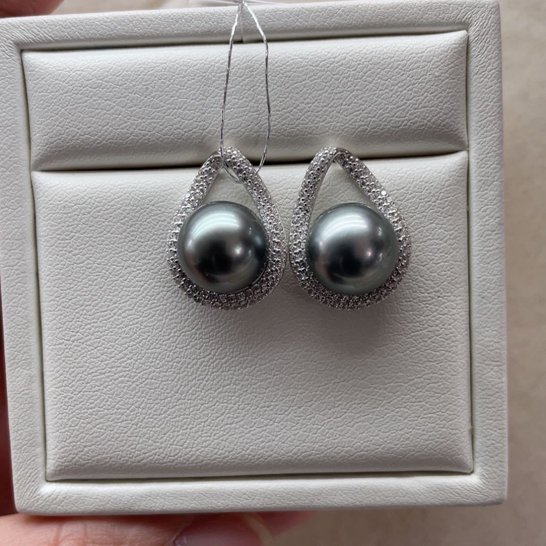 海水珍珠耳饰银S925镶嵌11-12mm