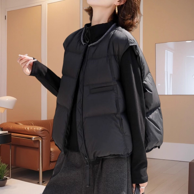 韩版秋冬新款纯色圆领马甲女通勤慵懒风宽松显瘦舒适保暖马夹外套