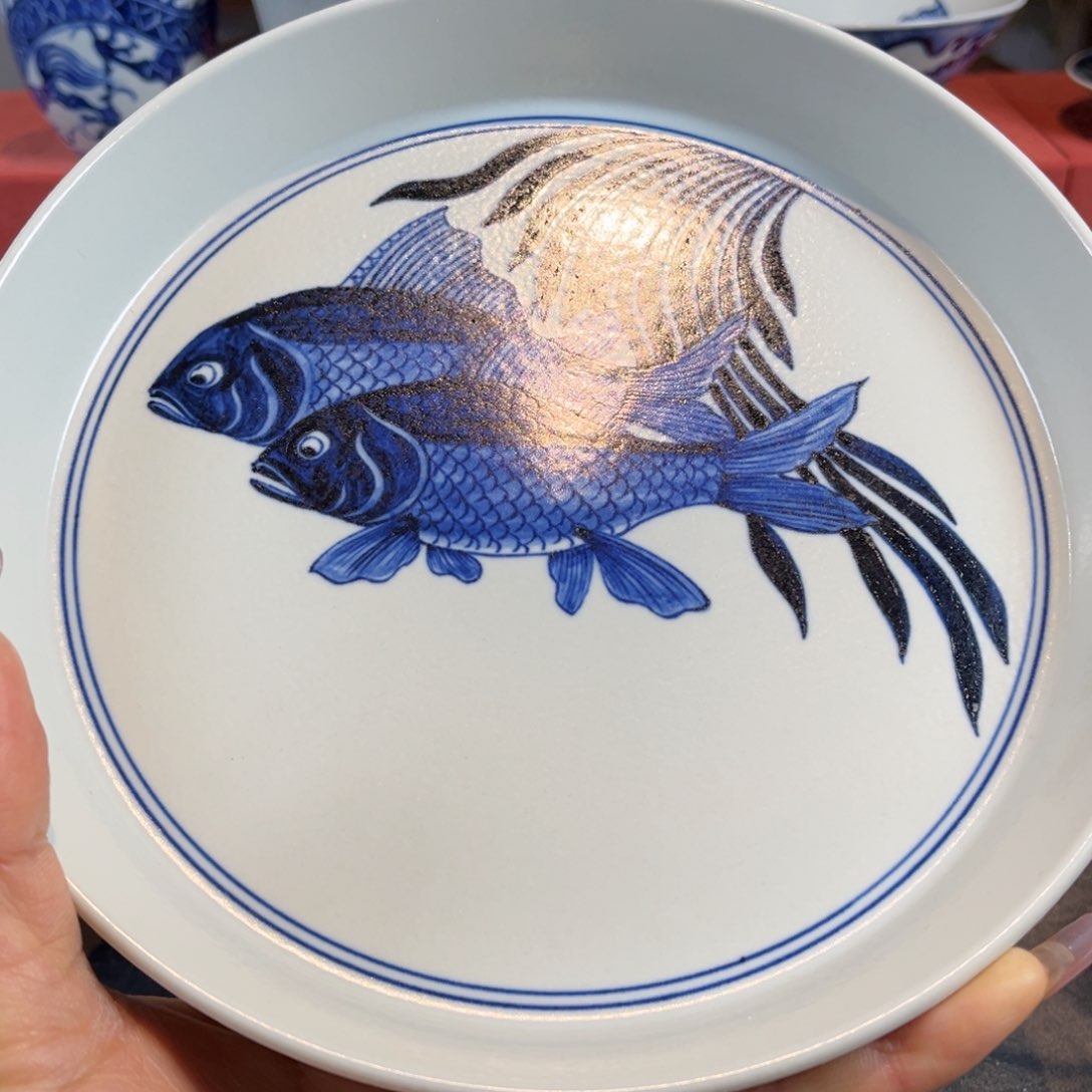 青花鱼藻纹壶承全手绘原矿釉烧制