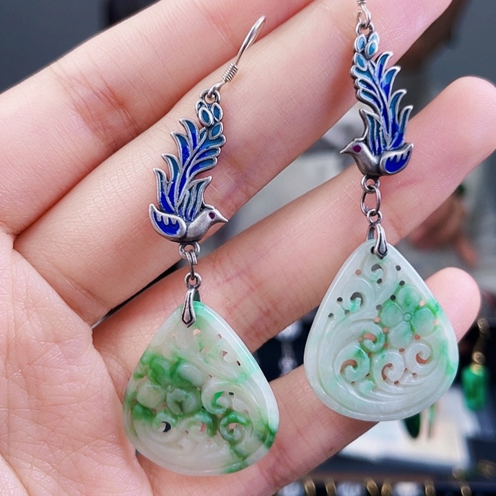 翡翠耳饰银S925镶嵌饰品