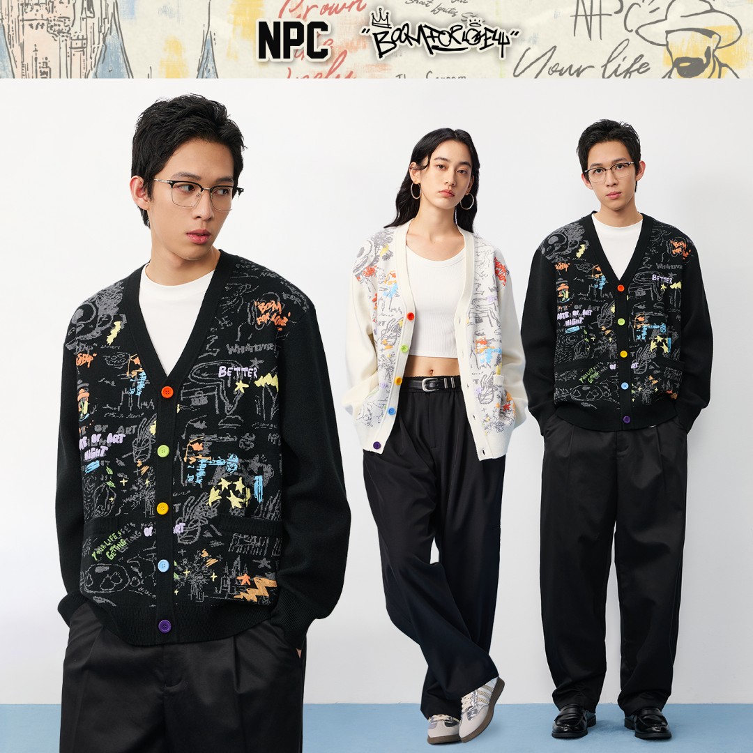 NPC潮牌满印涂鸦【博物馆奇妙夜】印花针织开衫V领男秋上新NP57SW54