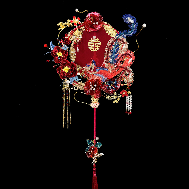 日月原创设计新品凤羽团扇新娘国潮风结婚婚礼喜扇手工diy材料包