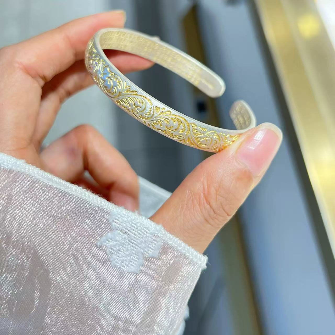 足银手镯 A10足银999.9实心金文颂银手镯女中式卷草纹送妈妈礼物