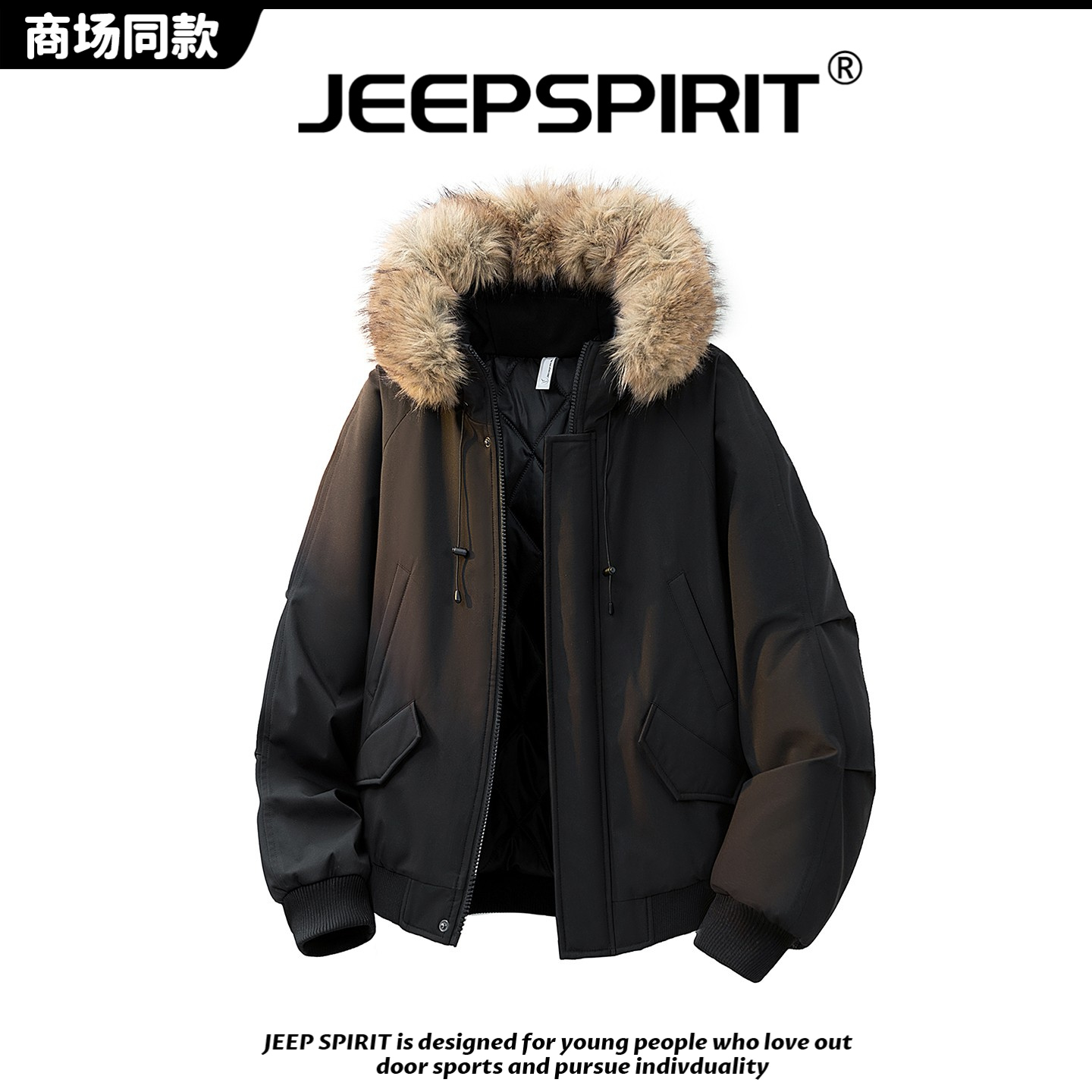 JEEP吉普座山雕工装大毛领连帽棉服男女冬季新款潮牌防寒加厚棉衣