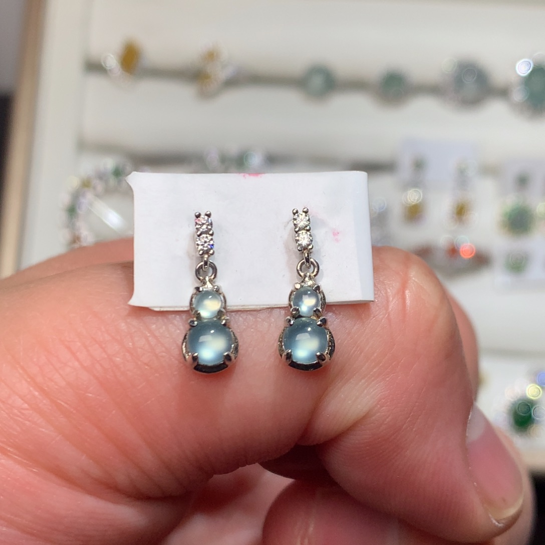 翡翠耳饰银S925镶嵌天然翡翠耳钉