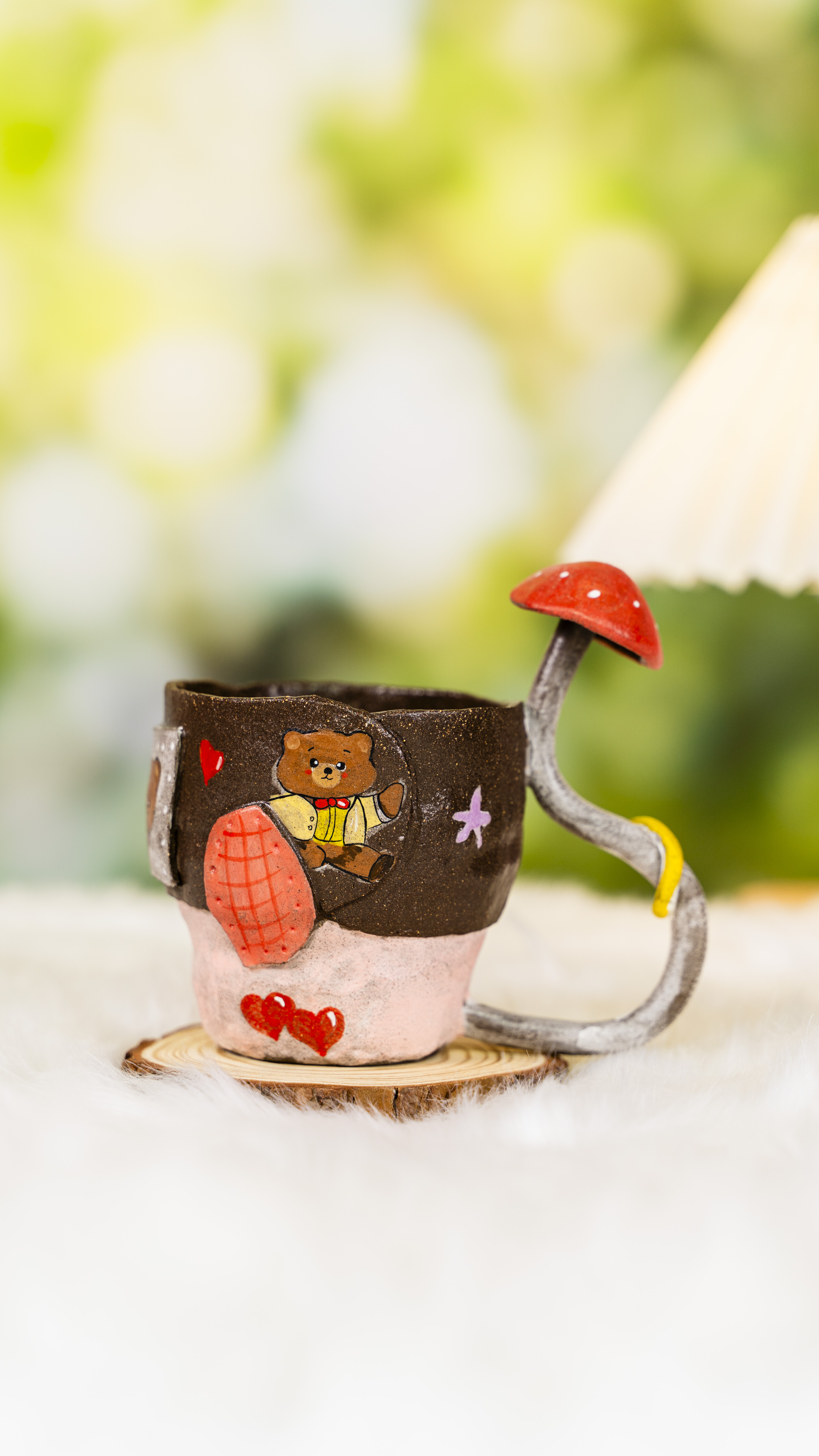 陶瓷手工紫砂卡通小熊蘑菇手柄杯