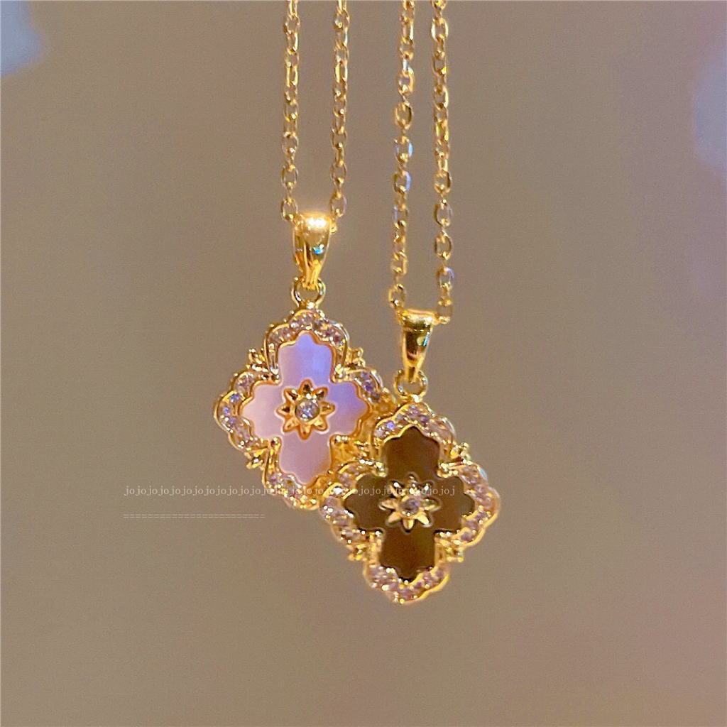 铜合金项链 【西西里小姐】四叶项链电镀真金花朵锁骨链轻奢项链