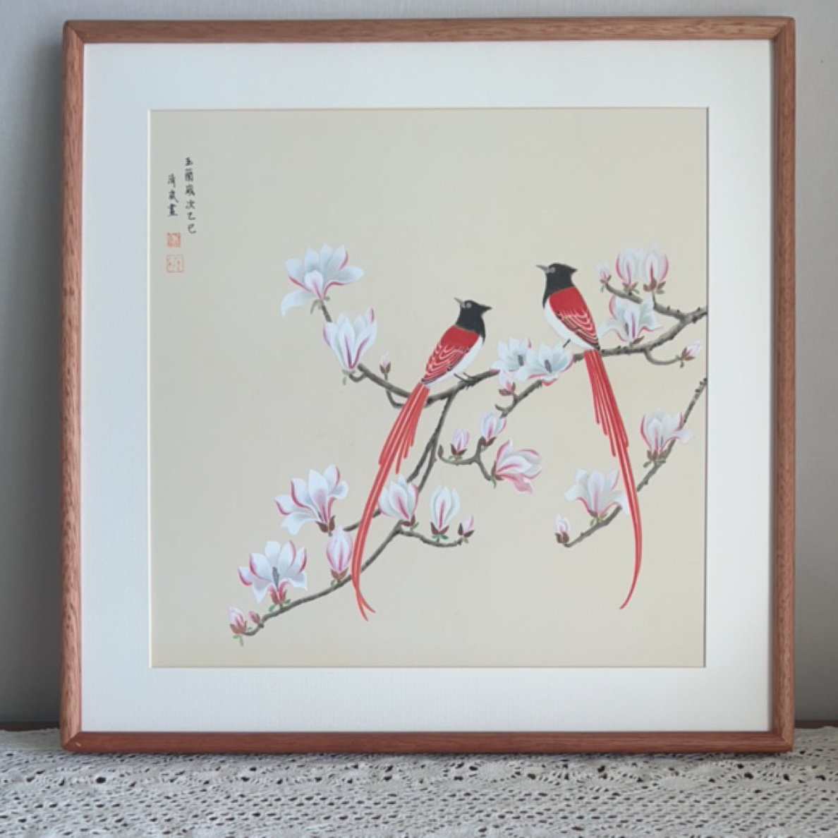 玉兰花绶带鸟家居装饰画52x52