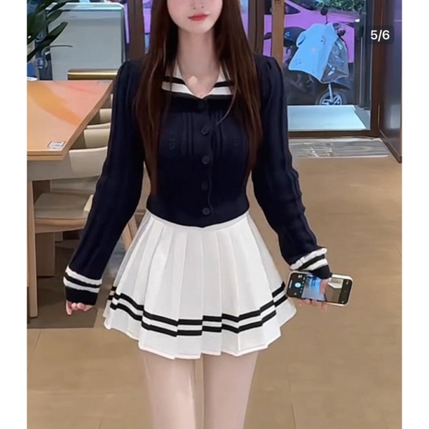 秋冬穿搭一整套韩系减龄学院风翻领针织衫女短裙两件套装