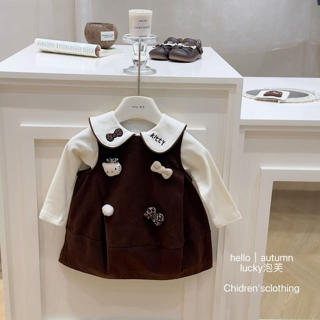 【实体现现】韩里韩气！女童奶咖kt花苞裙秋季韩版娃娃领连衣裙套装