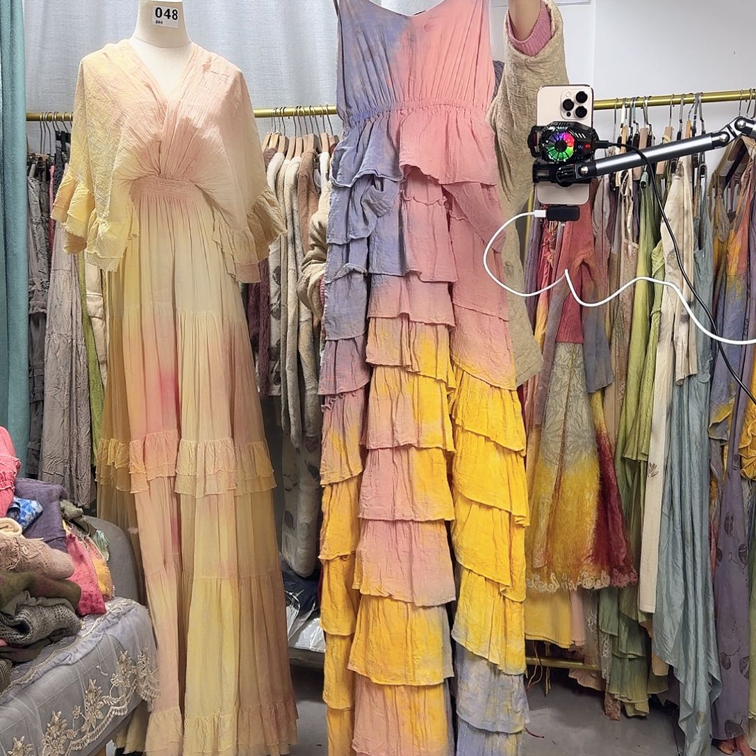 棉植物染花果染加长款吊带裙