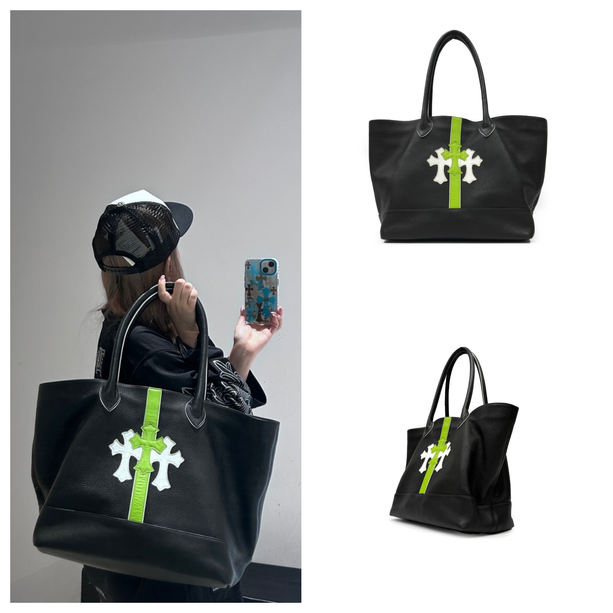 Chrome Hearts 克罗心 白绿三十字贴皮托特包 手提包
