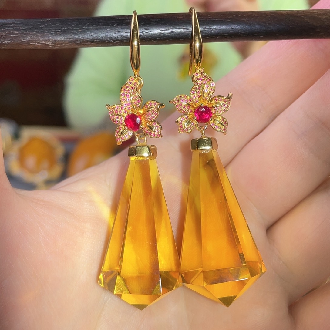 琥珀耳环银S925镀金镶嵌