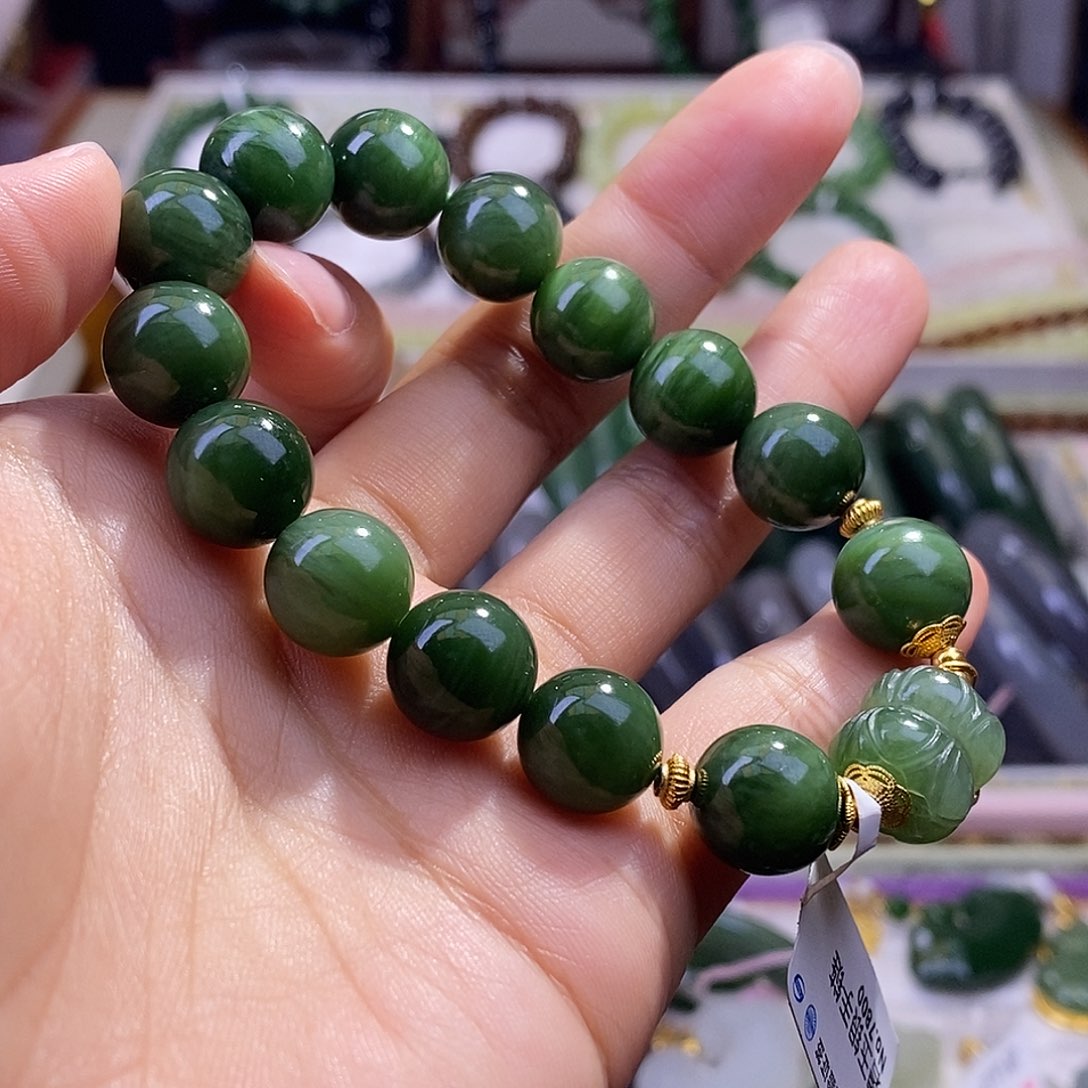 颈饰未镶嵌和田玉毕业级老坑料碧玉猫眼手链12m