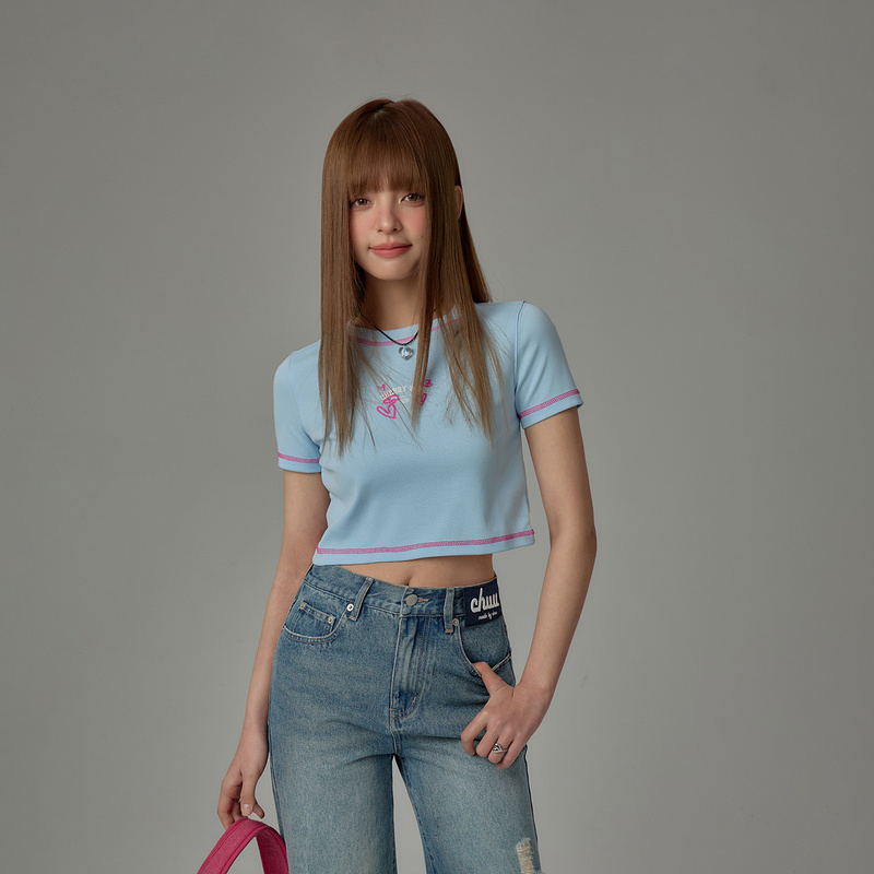 D018【金拐子专属】CHUU圆领显瘦设计短款撞色拼接涂鸦风T恤-F