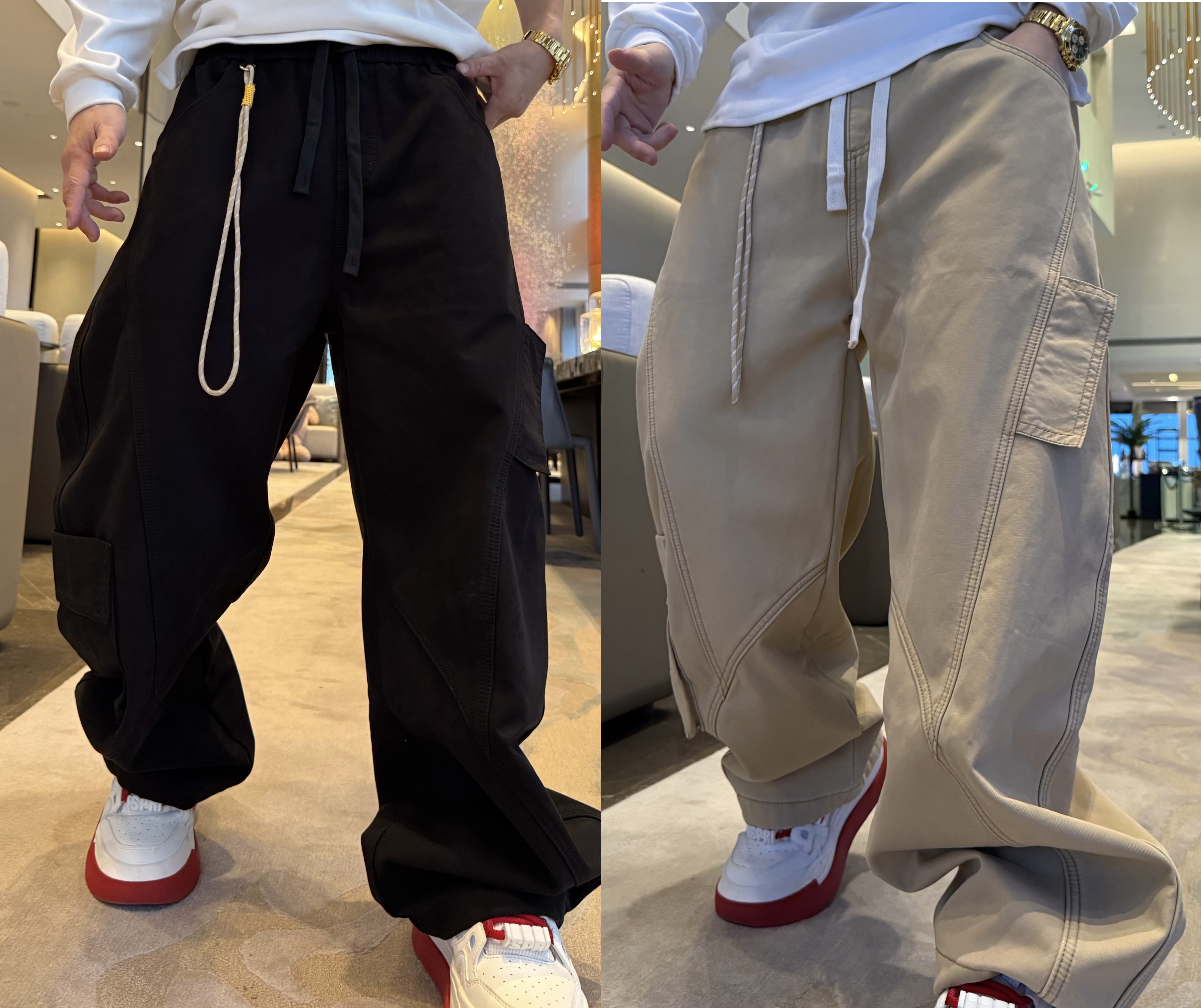 金先生加绒时尚宽松直筒休闲裤裤子美式潮牌抽绳松紧腰挂饰工装裤