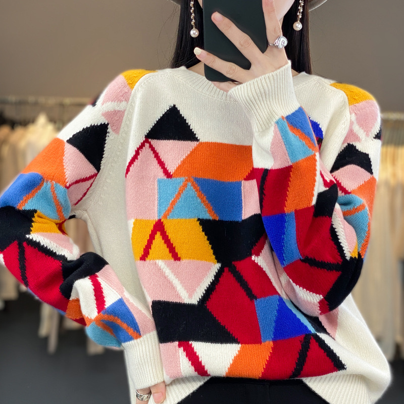 V300-V399VISHALL时尚设计款衫女长袖针织衫宽松显瘦毛衣撞色圆领