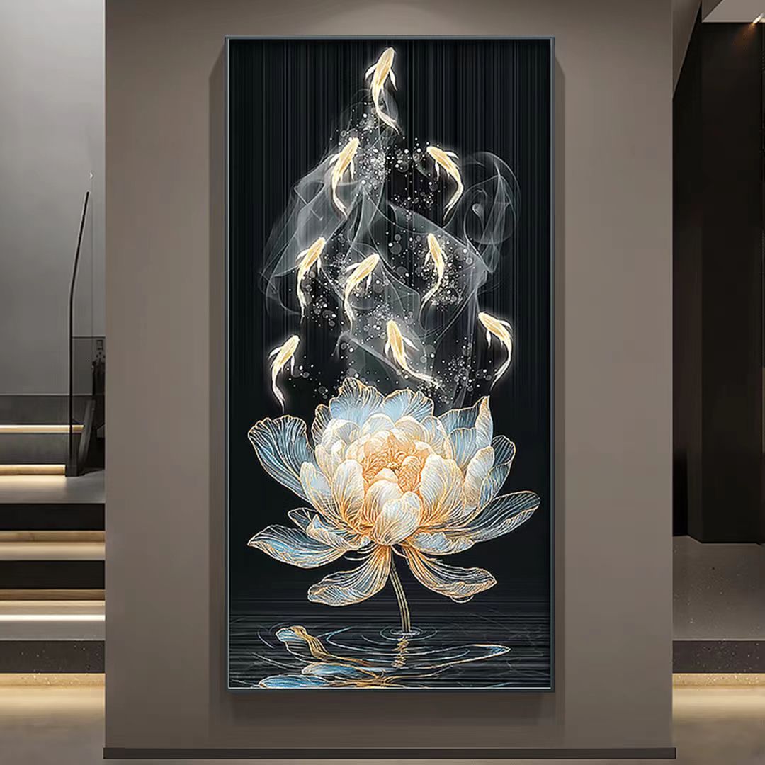 [喜宅家艺]J15九鱼莲花晶瓷镶钻 高温烤瓷 立体实物现代装饰画