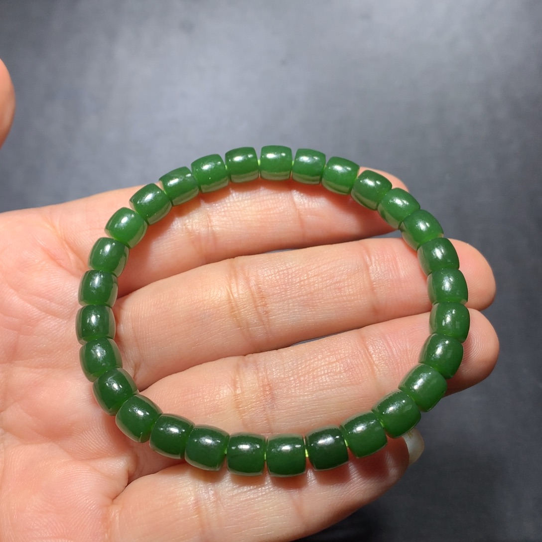 和田玉（碧玉）手链未镶嵌菠菜绿直切珠串6:7