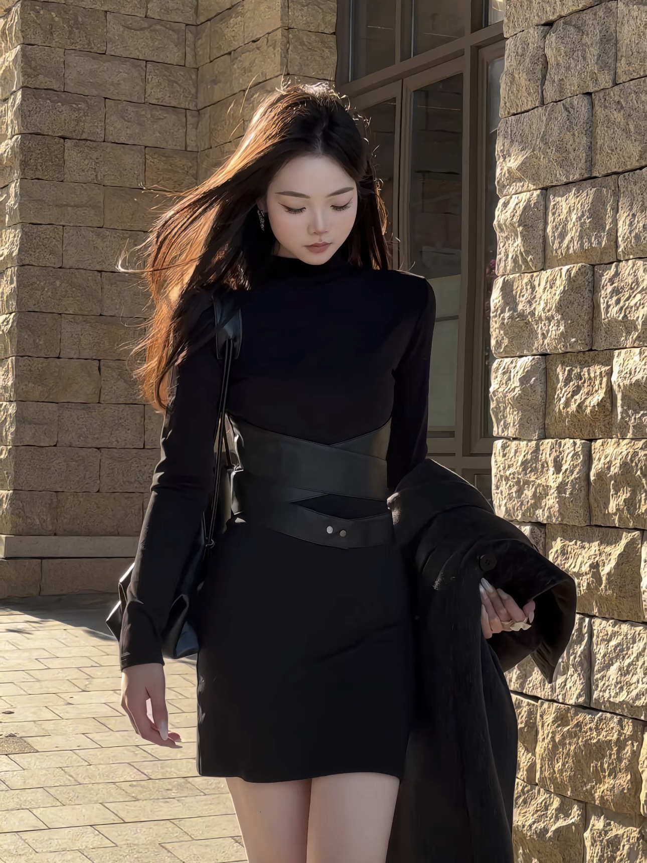 赫本风气质时尚拼接收腰长裙2025新款修身显瘦内搭连衣包臀裙女