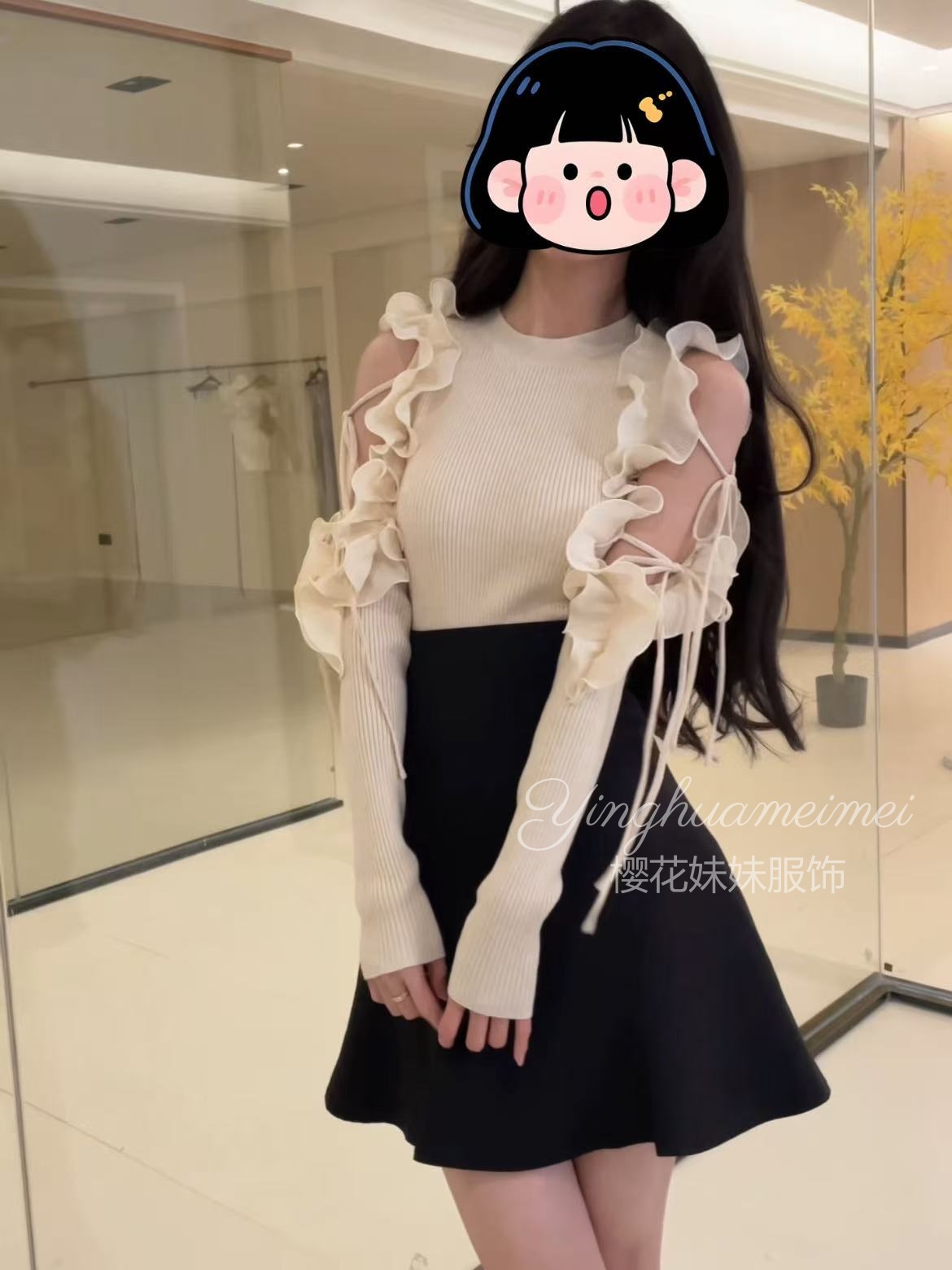 樱花妹妹   清楚系！反复爱上！木耳边小心机露肩绑带针织衫