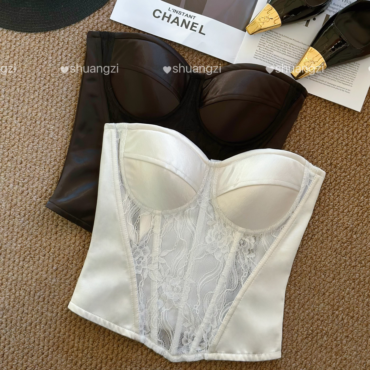 缎面内衣折角腰高级感修身显瘦外穿内搭带胸垫一字肩鱼骨醋酸蕾丝