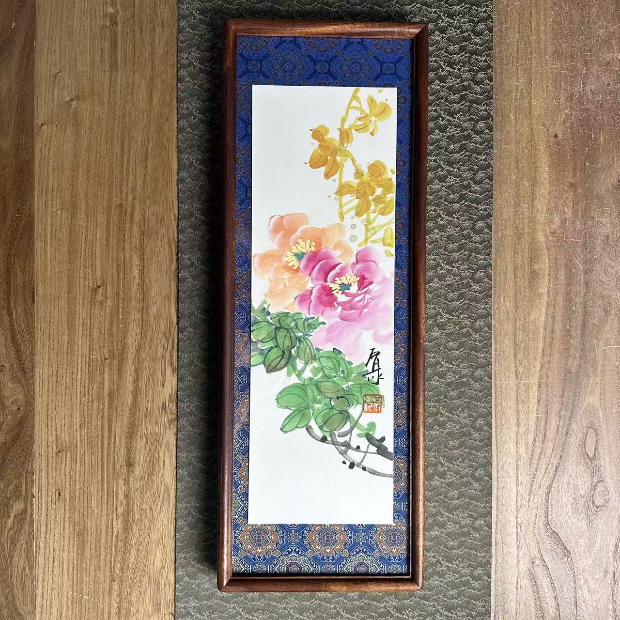 石泉老师-19*52锦布底牡丹作品-手绘同款