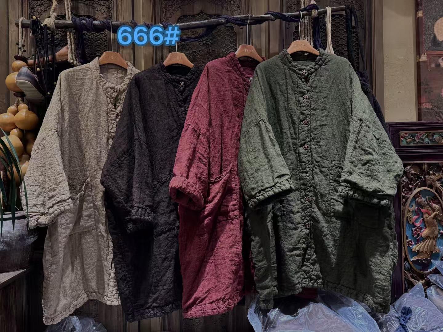 冬季新款亚麻夹棉立领大口袋棉衣保暖复古重工百搭时尚外套