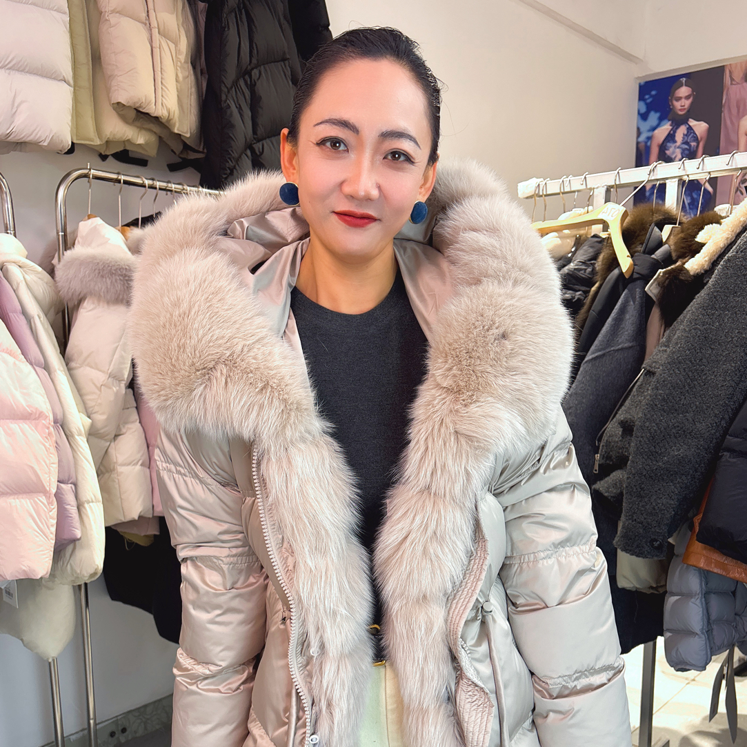 新款韩系大毛领收腰加厚白鹅绒女士冬季中长款羽绒服