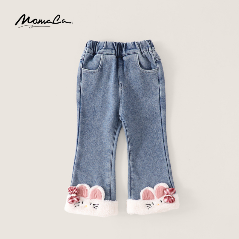 MOMOCO秋冬女童加绒可爱猫咪洋气冬款毛边牛仔裤77880350010