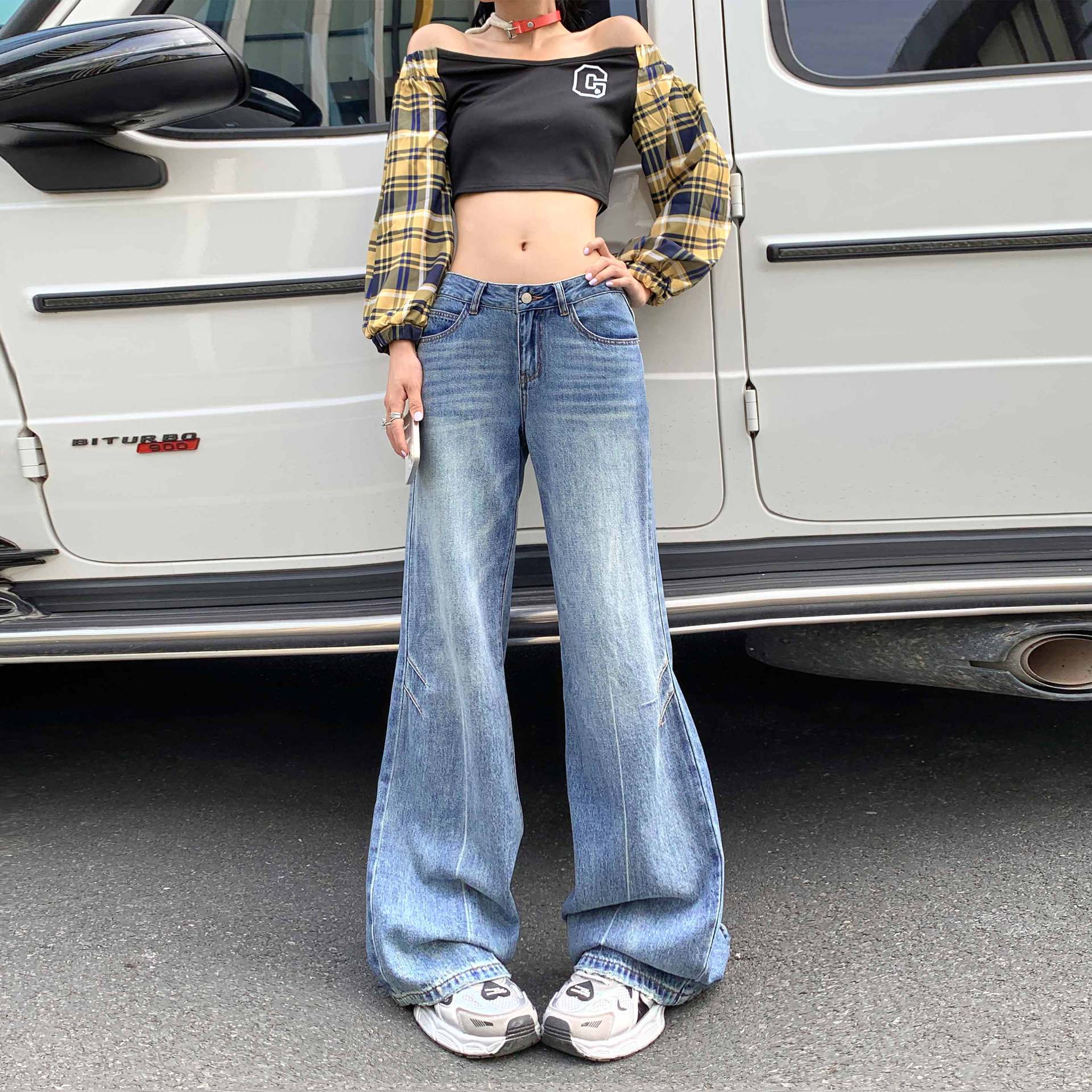 XLD 秋季新款美式复古做旧洗水高腰宽松阔腿通勤喇叭裤牛仔长裤女