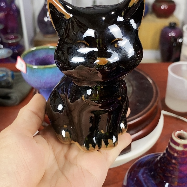 瓷片尚峰钧窑作品猫摆件