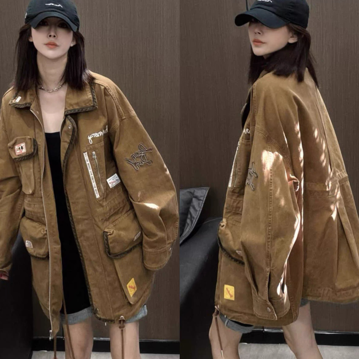 2025秋季新款宽松大版抽绳收腰重工刺绣宽松棒球服外套