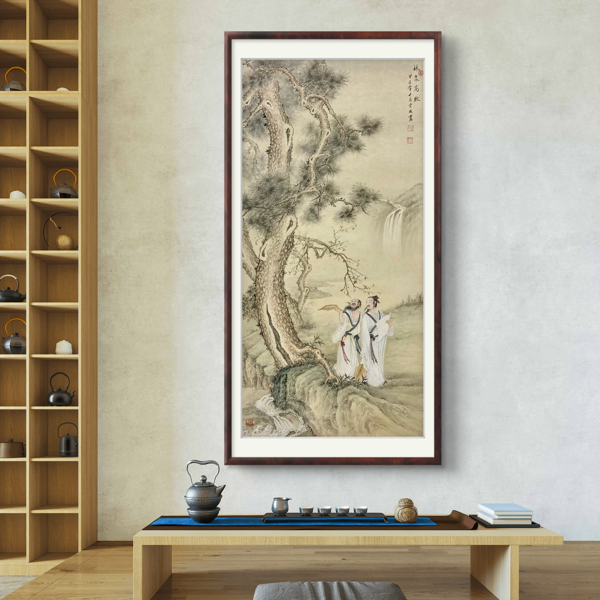 国画精工笔玄关客厅餐厅山水人物新中式禅意书房茶空间装饰装修