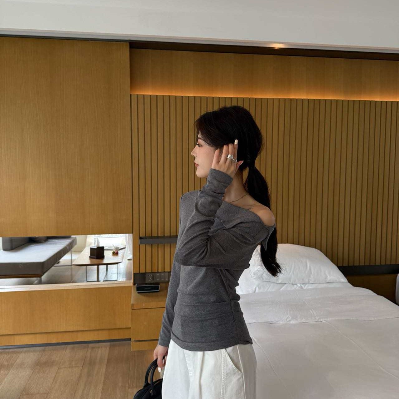 设计感T恤开叉短款ins褶皱辣妹风堆堆领宽松型