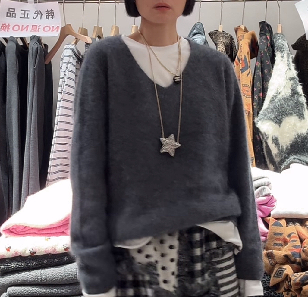 舜 韩国东大门正品灰色黄色拉毛兔绒毛衣