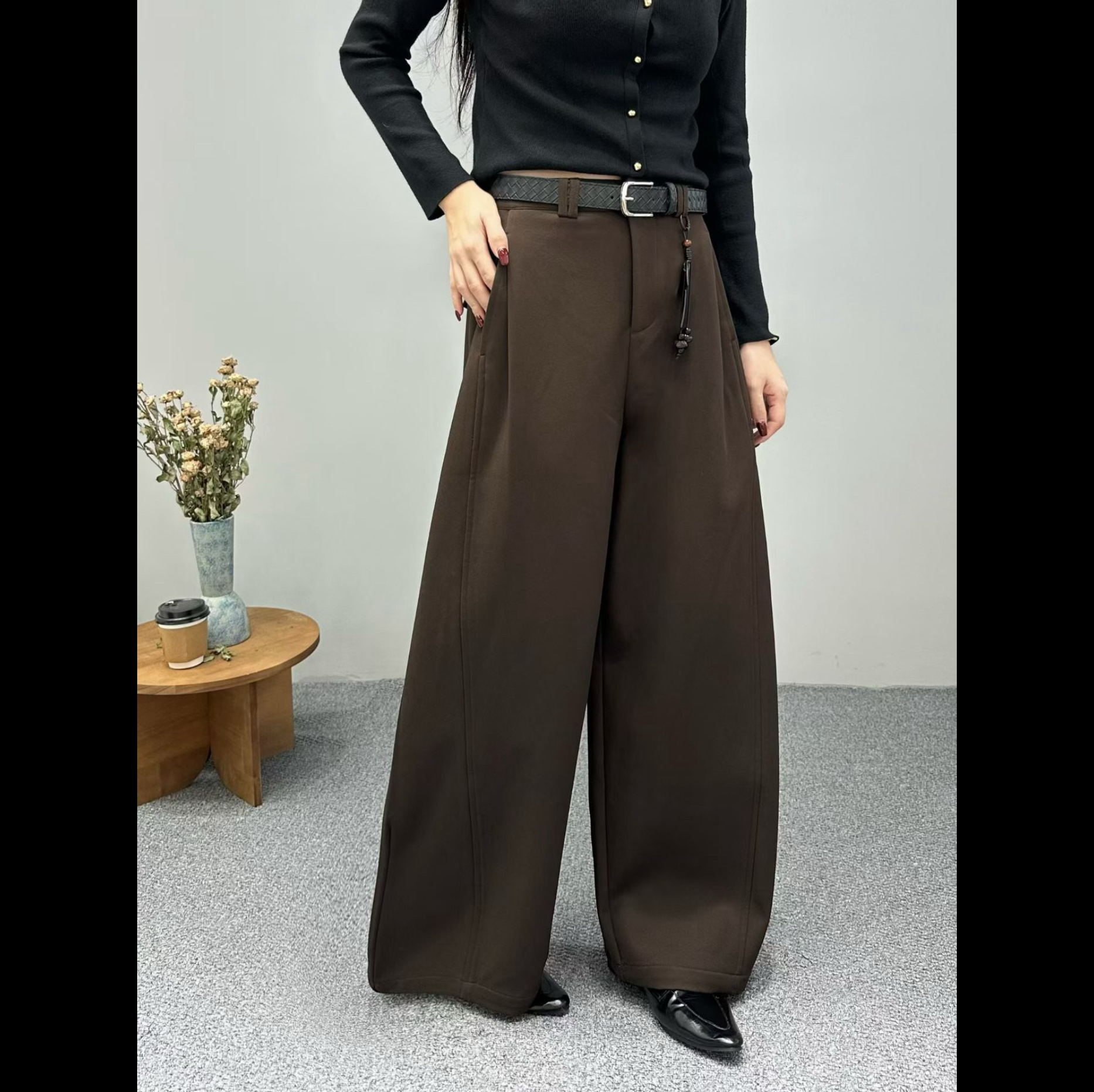 【玫瑰缘新款加绒加厚设计师百搭时尚网红气质显瘦挂件弯刀裤  