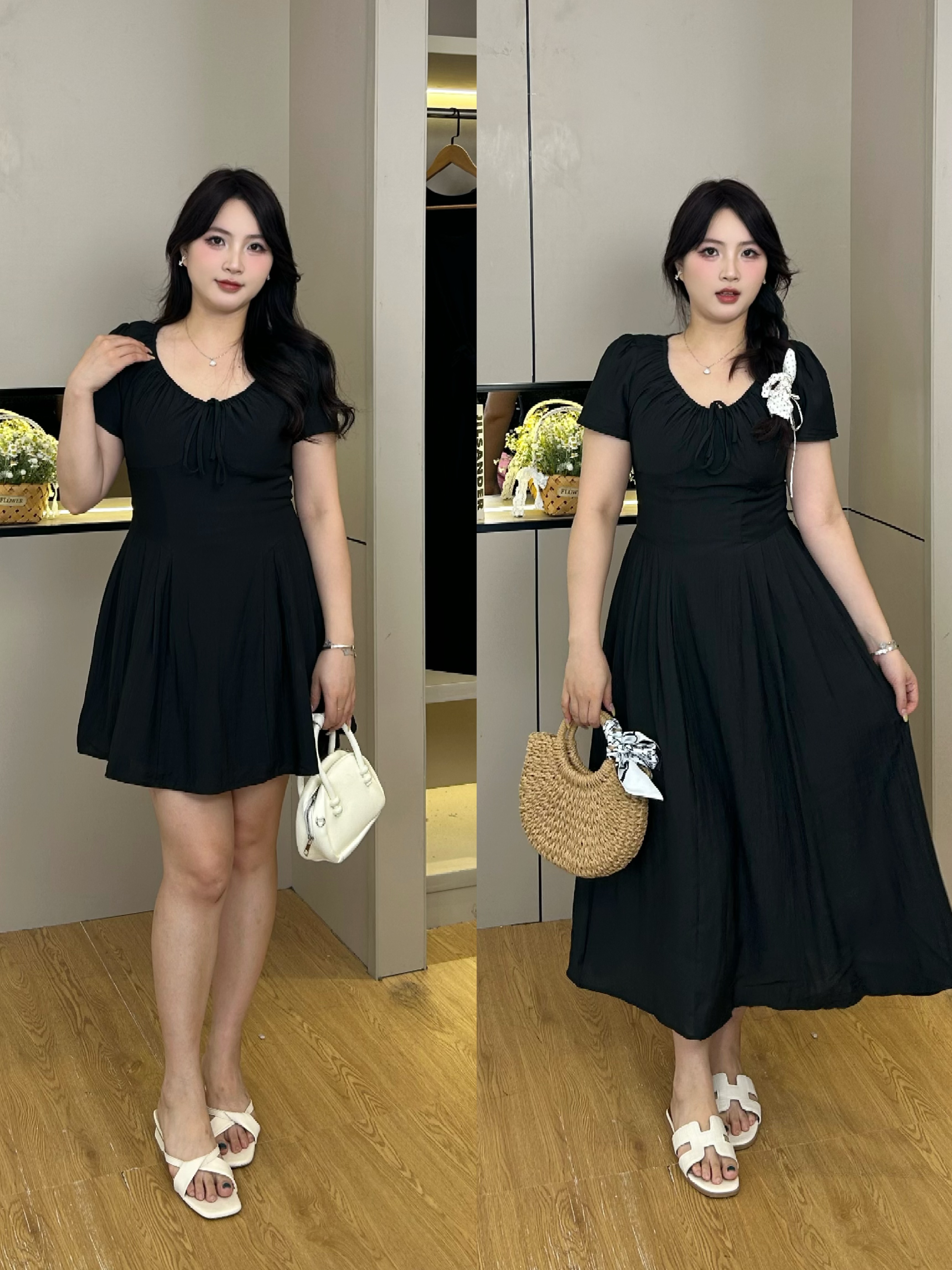 大码显瘦遮长短款感气质长裙黑色连衣裙-yu