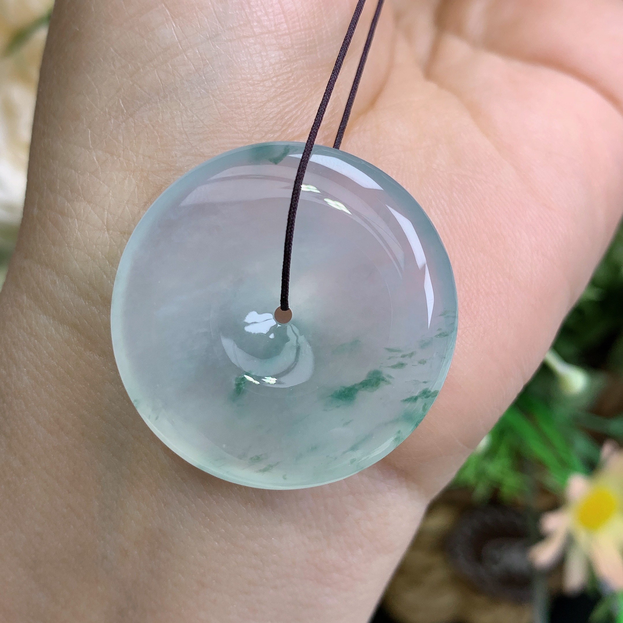 缅甸天然翡翠A货高冰起胶飘花饱满平安扣吊坠钟尺寸31.6×6.5mm