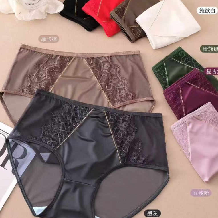 中腰女士蕾丝三角内裤缎面网纱透气设计