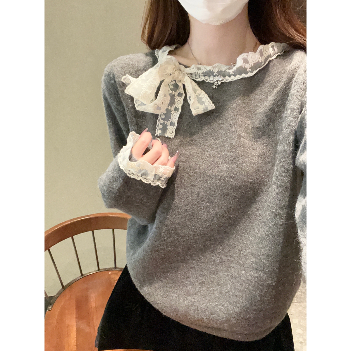 秋冬韩版甜美减龄蕾丝边系带圆领百搭北极绒针织衫女毛衣长袖上衣