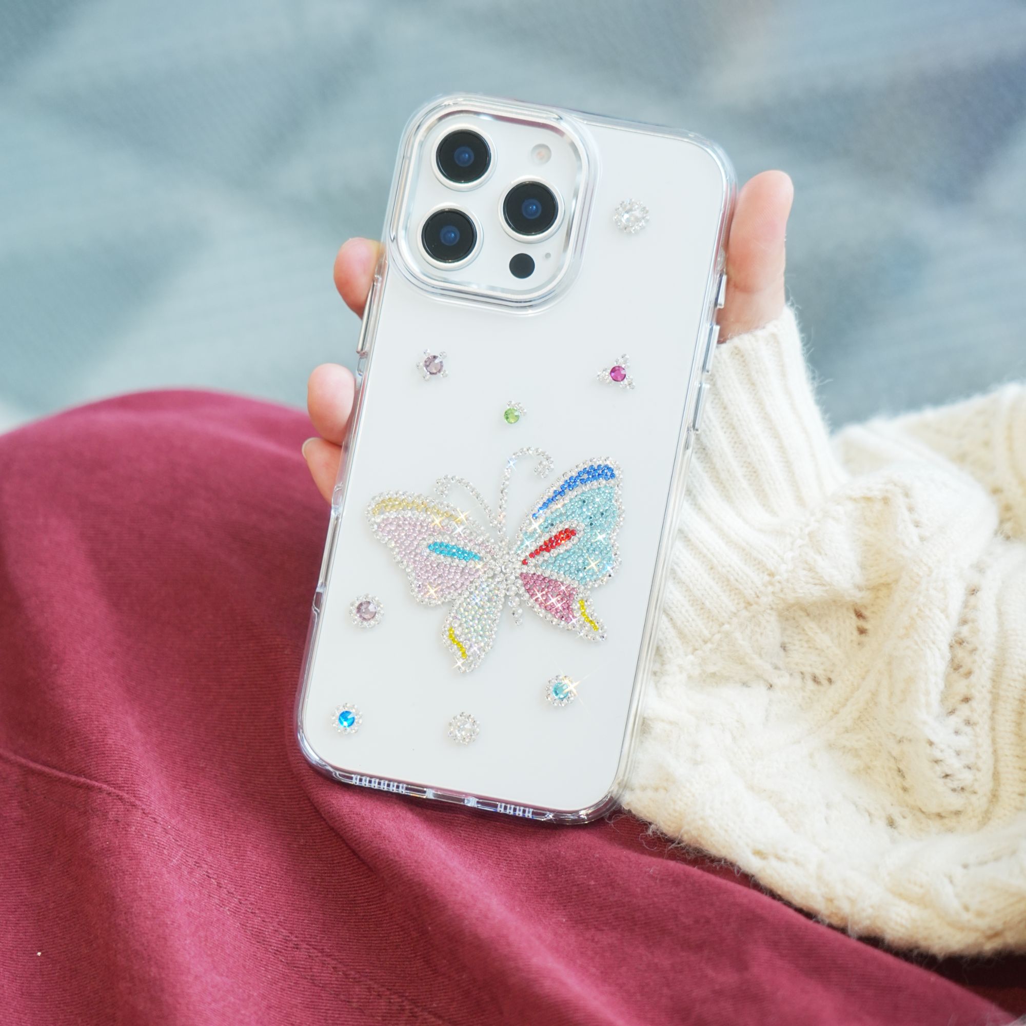 捷克彩蝶纯手机壳手工贴钻适用于苹果16promax手机壳iphone15简约